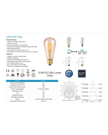 BOMBILLA LED VINTAGE AMBAR  ST64 - E27 – 6,5W - 2200K